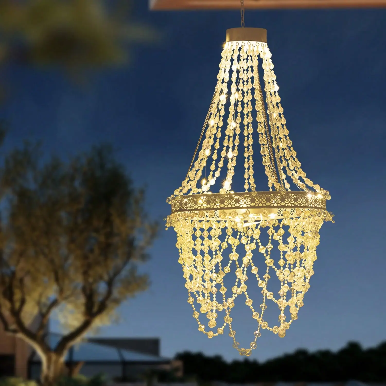 Solar Hanging Crystal Chandelier Outdoor Garden Decorative Lights Powerful Lithium Battery 54 Warm White LEDs Waterproof Hanging Lantern For Garden, Yard, Patio, Gazebo, Party, Wedding 2 Tier