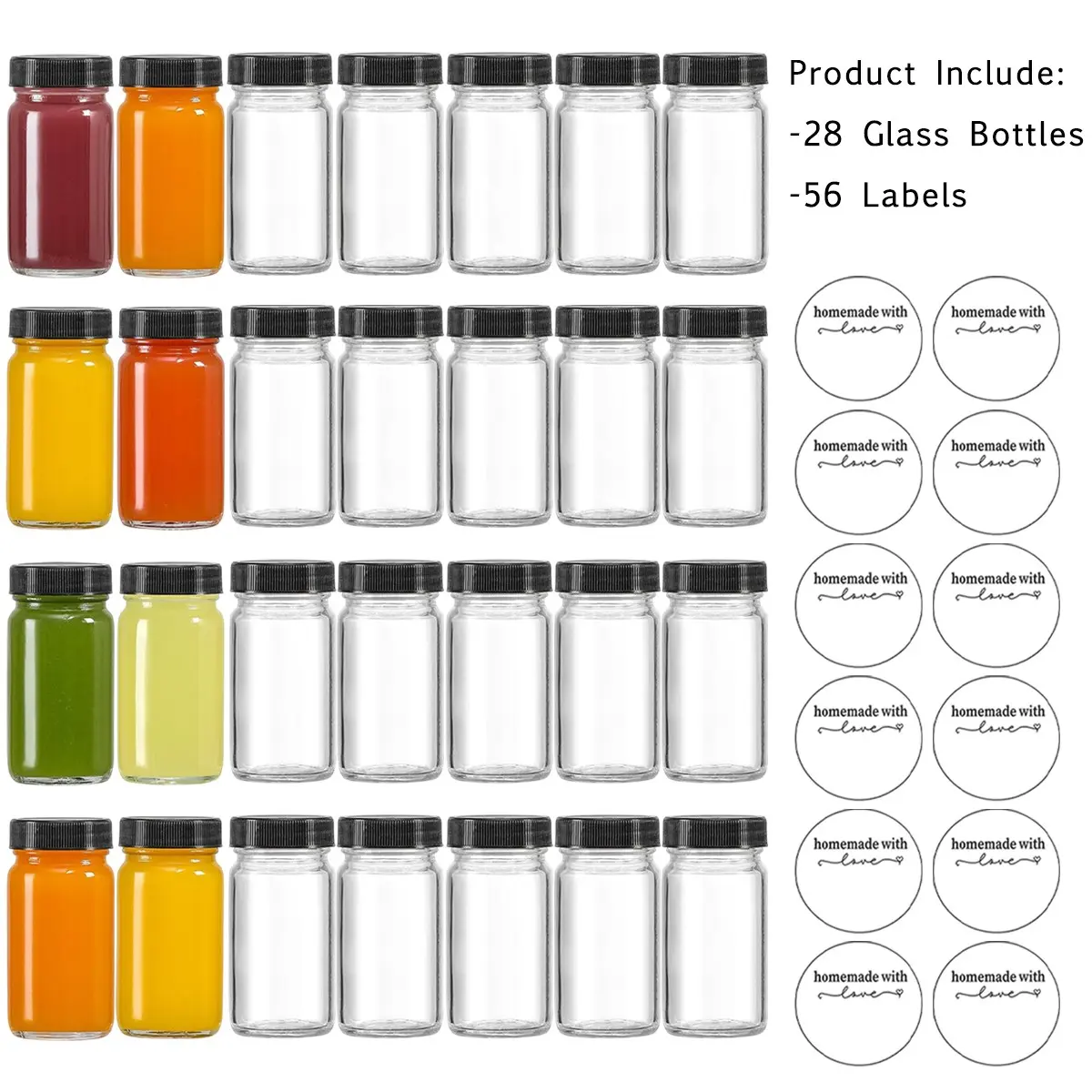 28 Pack Small Glass Juice Storage Container with Lid, 60ML Capacity Leak-Proof Bottle, Classic Traditional Style Round Shape, Glass Storage Set