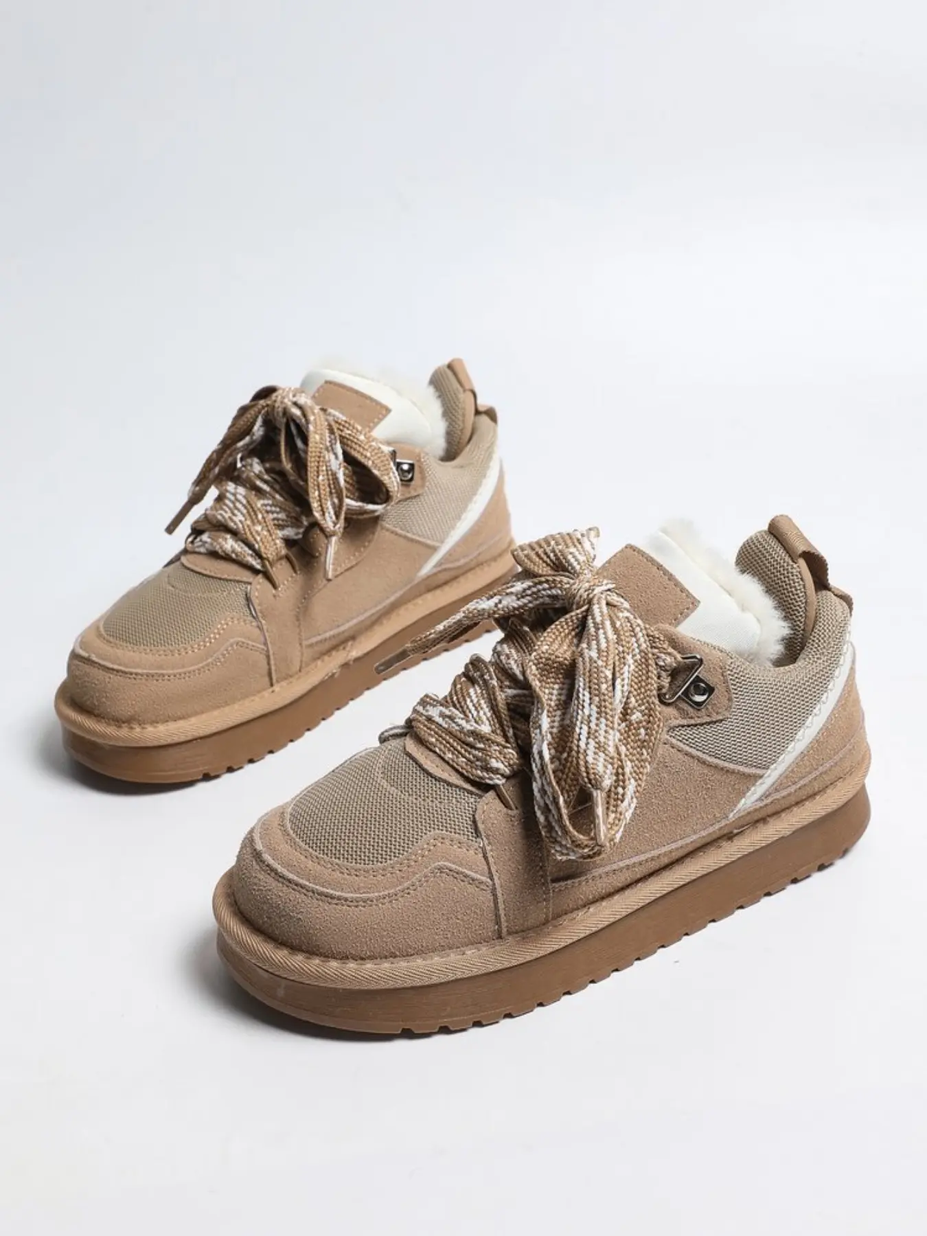 New Winter Large Size Women's Board Shoes Trainer, Fashion Fuzzy Thickened Heightening Anti-Slip, Warm Plush Coarse Laces, Casual Outdoor Commute