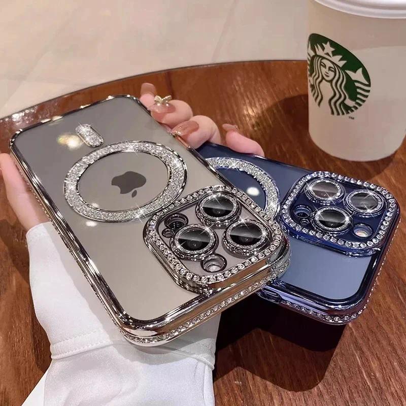 Luxury Bling Crystal Lens Film Phone Case For iPhone 15 11 12 13 14 Pro Max Plus Magsafe Magnetic Wireless Charging Clear Cover