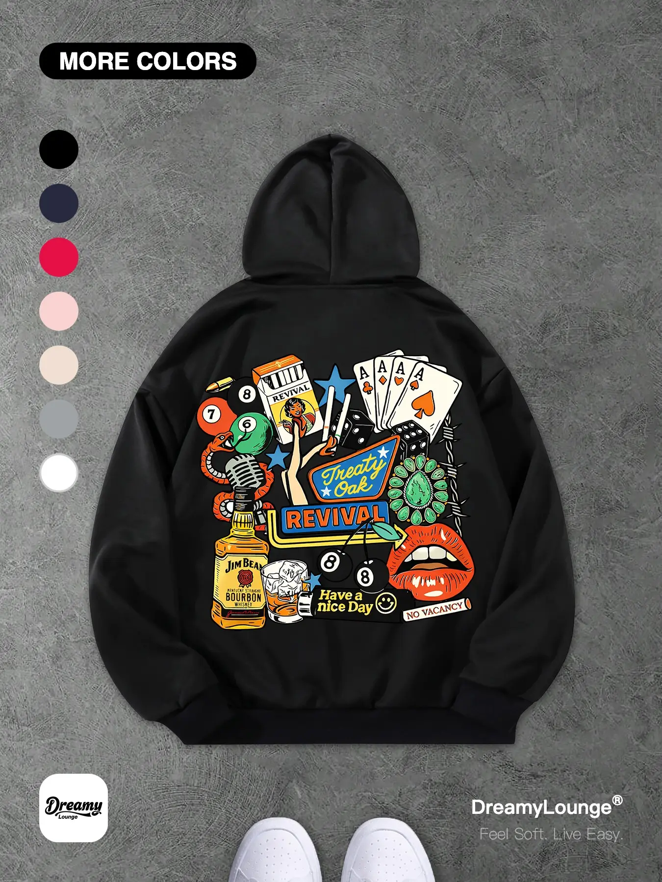 DreamyLounge Vintage Sticker Collage Oversized Casual Hoodie, Black Graphic Streetwear Pullover Sweatshirt