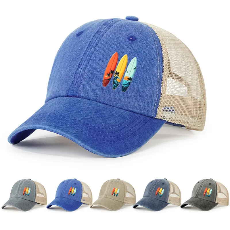 That Girl Vibe Surfboard Summer Ponytail Trucker Hat | washed denim mesh baseball cap colorful beach surf graphic outdoor sports visor adjustable snapback holiday travel gear streetwear, Hair Bonnet, Visor Hat, Unisex, Ponytail Hole Sports & Outdoor Hats