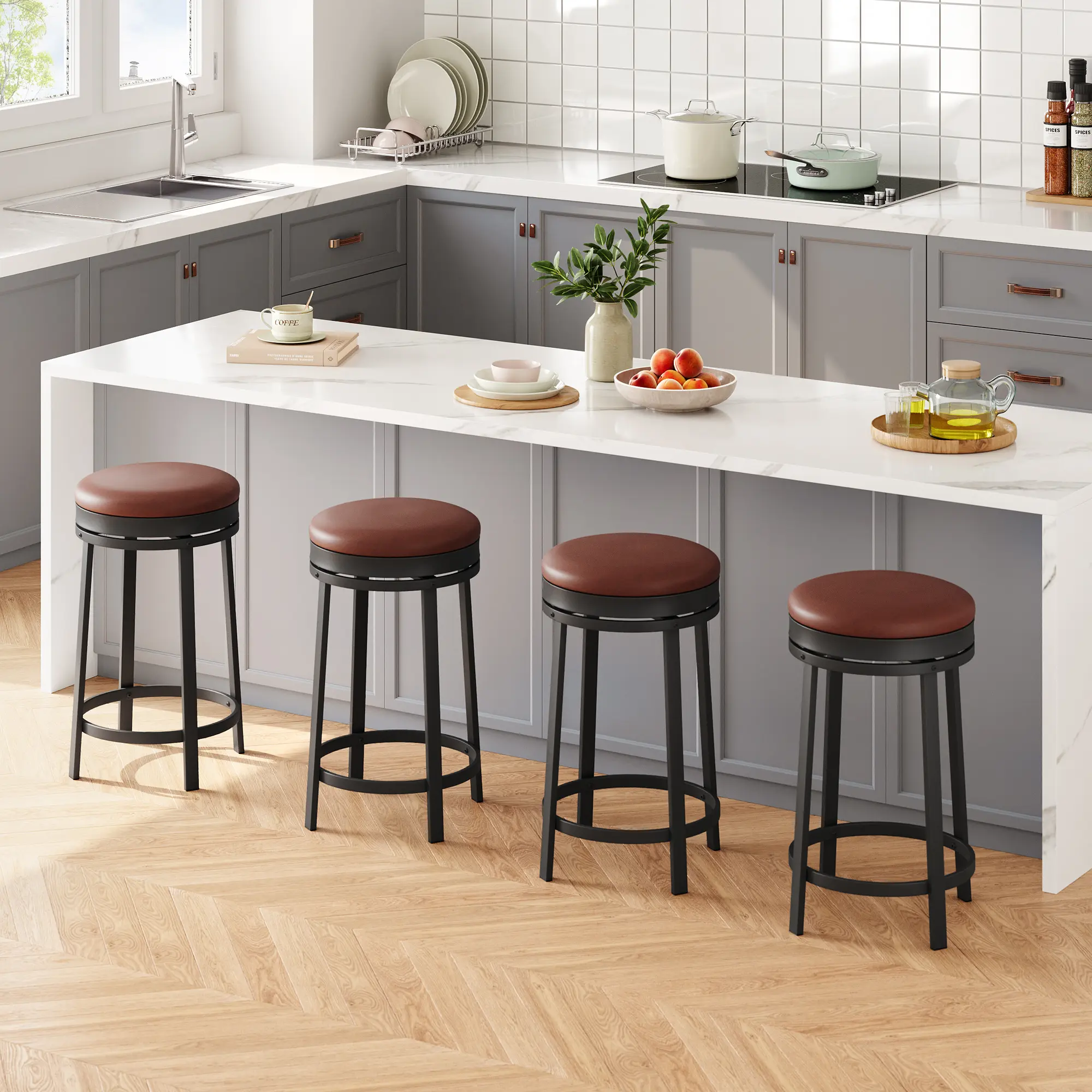 Set of 2 Swivel Bar Stools - 24'' Counter Height, Backless Round Seats, PU Leather Upholstered Cushion, Sturdy Metal Frame, Modern Design - Perfect for Kitchen Island, Home Bar (Brown/Black)
