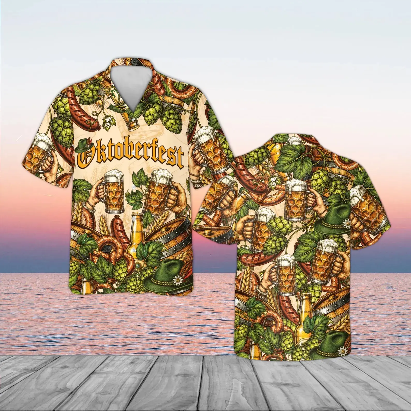 Men's Short-Sleeve Hawaiian Shirt - Beige, Oktoberfest Beer Mug Pretzel Hops Print, Classic Loose Fit Menswear Top for Summer Beach Party Vacation Outdoor Casual