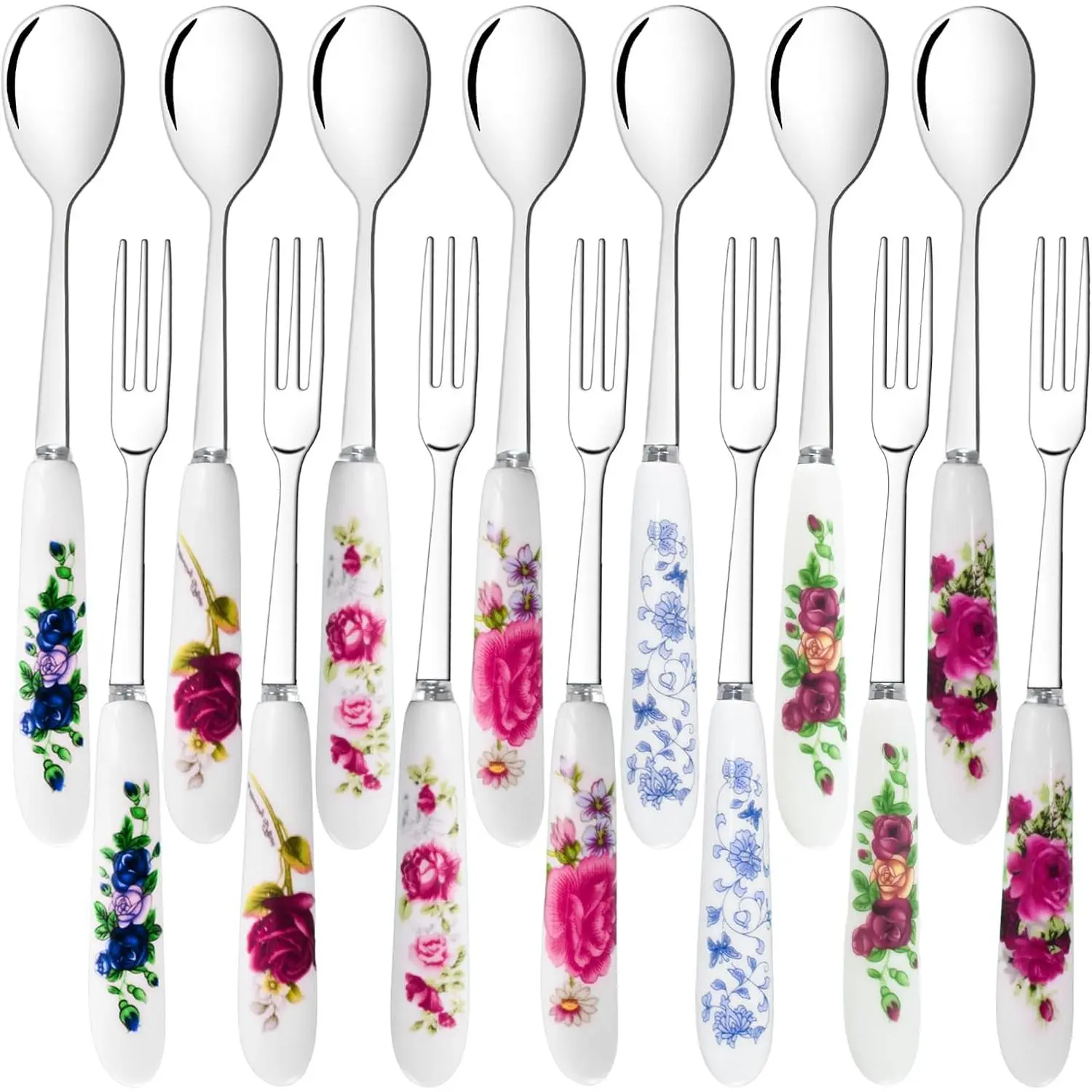 14 count Dessert Forks and Spoons Silverware Set,Stainless Steel Cutlery Forks,Mini Coffee Spoons Pastry Forks with Porcelain Handles,Cake Fork  Spoons for Dessert Appetizers,Salad,Fruit