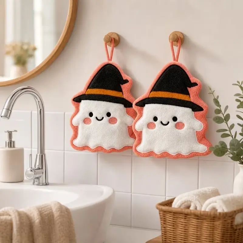10pcs Halloween Ghost Witch Hat Hanging Towels, Soft Coral Fleece Quick-Dry Absorbent Cloths, Festive Spooky Fall Kitchen Bathroom Home Decor