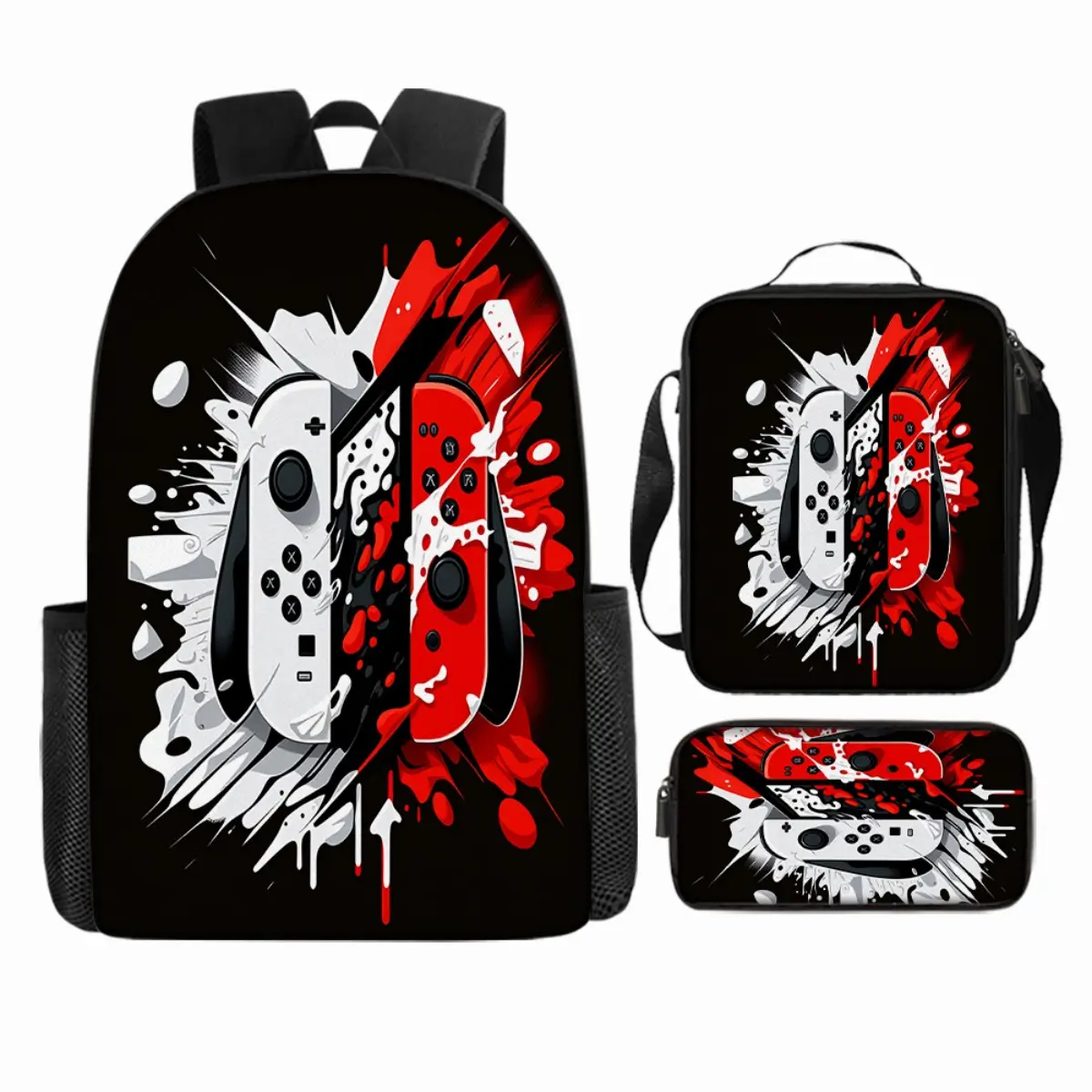 3pcs Game Controller Cartoon Pattern Backpack Set, Featuring a Red And White Splatter Print Backpack, Designed As a Large Capacity Double Shoulder Bag Set