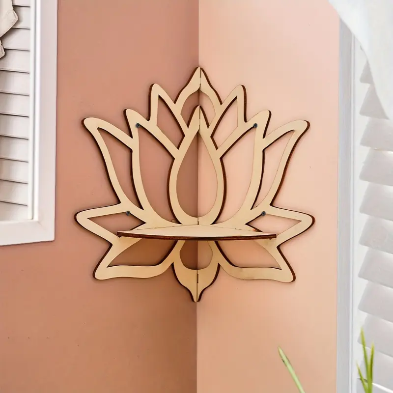 1pc Handcrafted Wooden for Lotus Wall Shelf - Minimalist Retro Wall-Mounted Display Shelf, No Screws Needed, Multi-Purpose Storage for Bathroom, Bedroom, Living Room Decor, Toiletry Holder | Retro Wall Decor | Decorative Lighting, Bathroom Decorations
