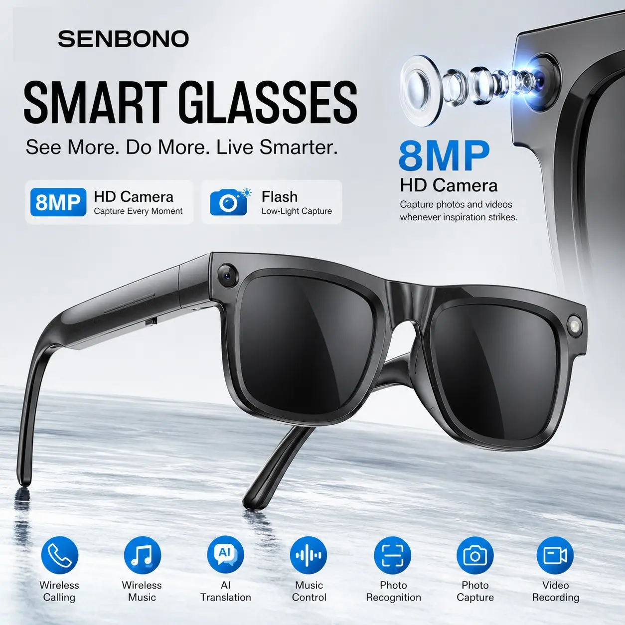 Senbono Smart Glasses Magnetic Charging, 290mah Battery, Photo Video Recording, Vlog Offline Capture, Ideal for Travel and Outdoor Use