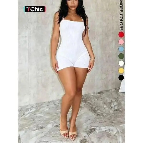Women's Solid Color Ribbed Romper, Bust Bodysuit, Casual Comfy Sleeveless Square Neck Body Hugging Skinny Romper for Daily Wear, Ladies Clothes for All Seasons