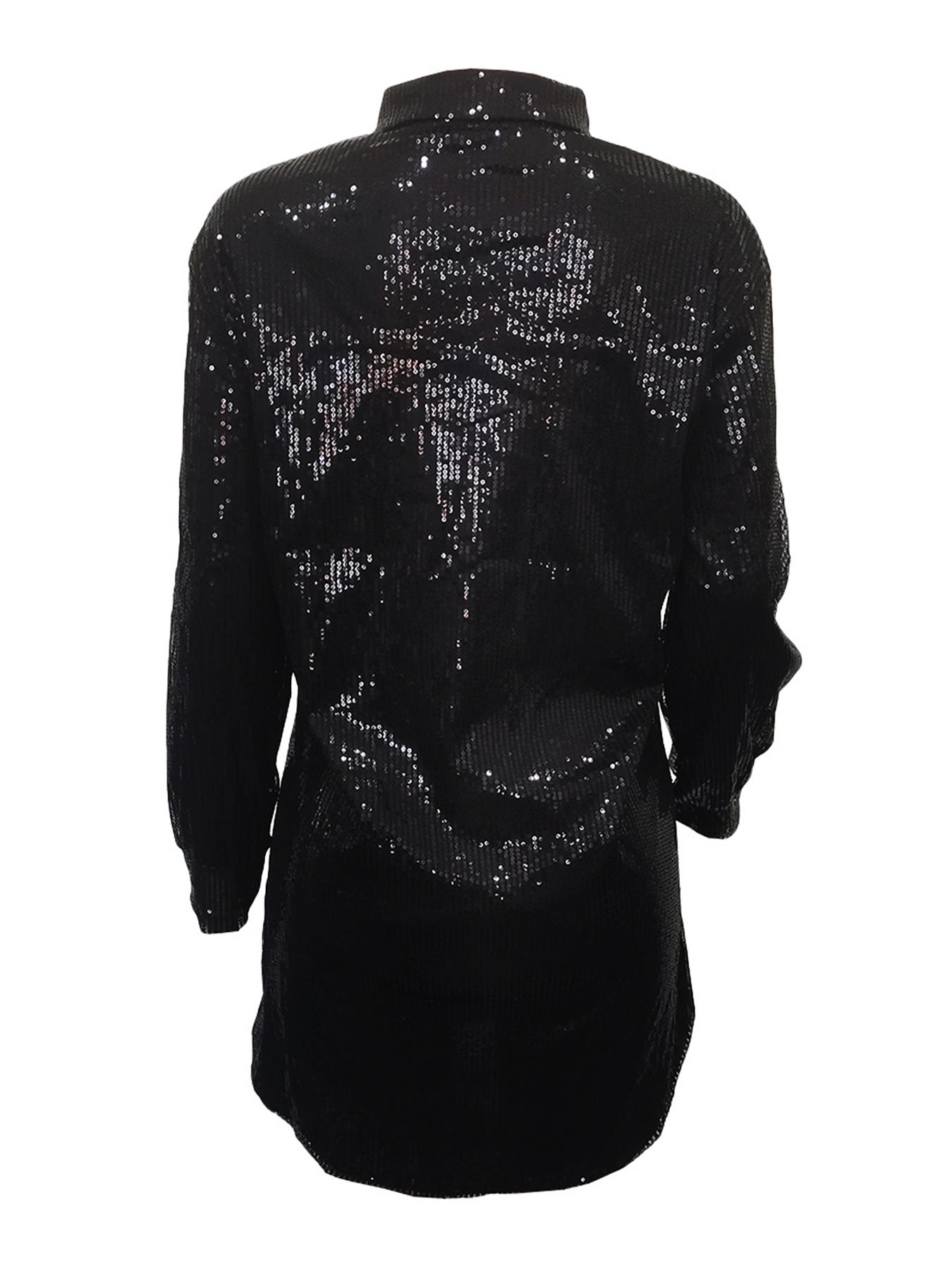 Plus Size Glitter Sequin Drop Shoulder Shirt Dress, Elegant Long Sleeve Button Front Dress for Spring & Fall, Women's Clothes for Party Holiday Vacation