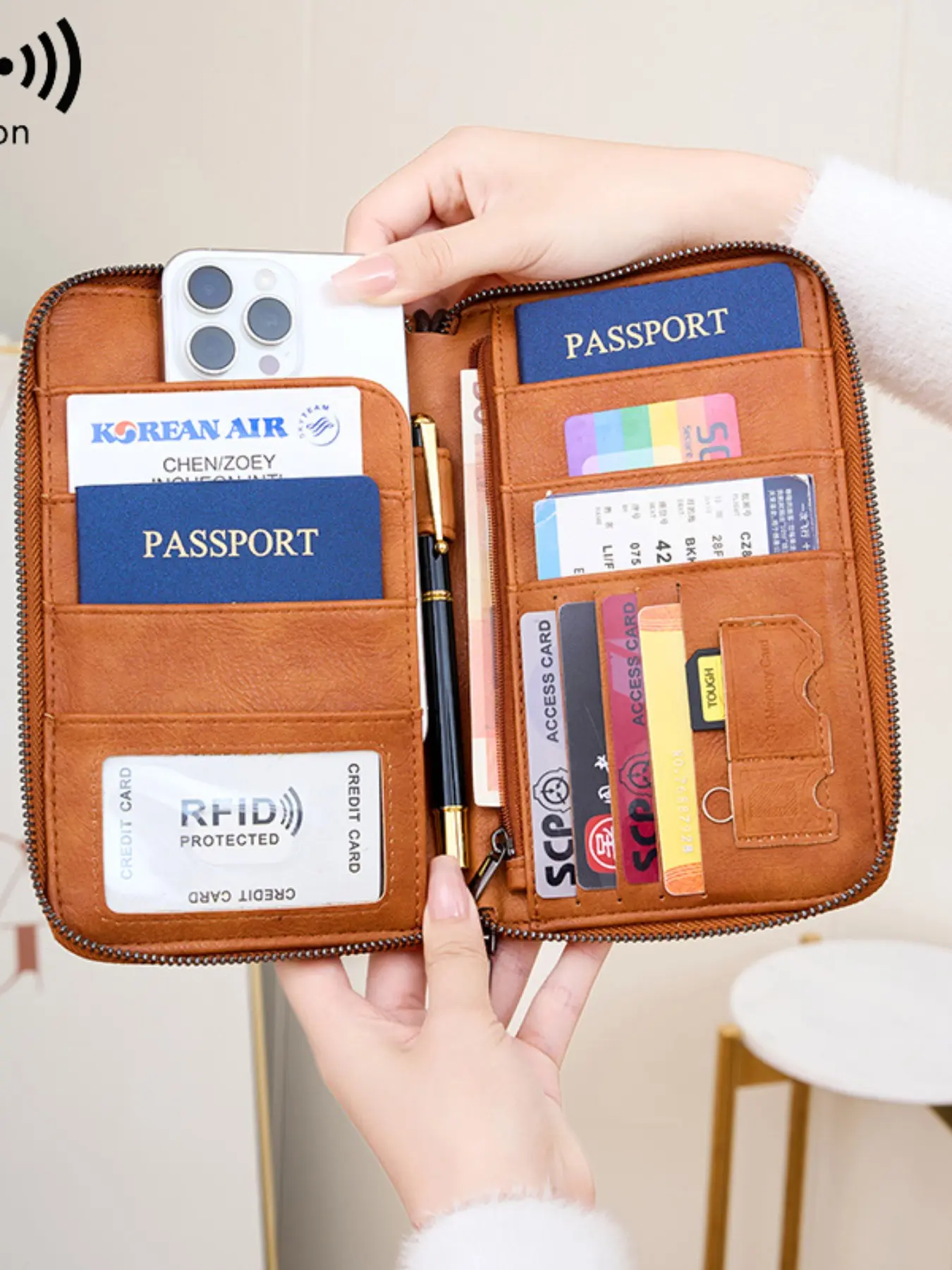 Blocking Leather Passport Holder with Wrist Strap, Multi Card Slot Travel Passport Wallet, Zippered Luggage Document Organizer Case for Boarding Pass ID Credit Cards, Travel Gift for Men Women