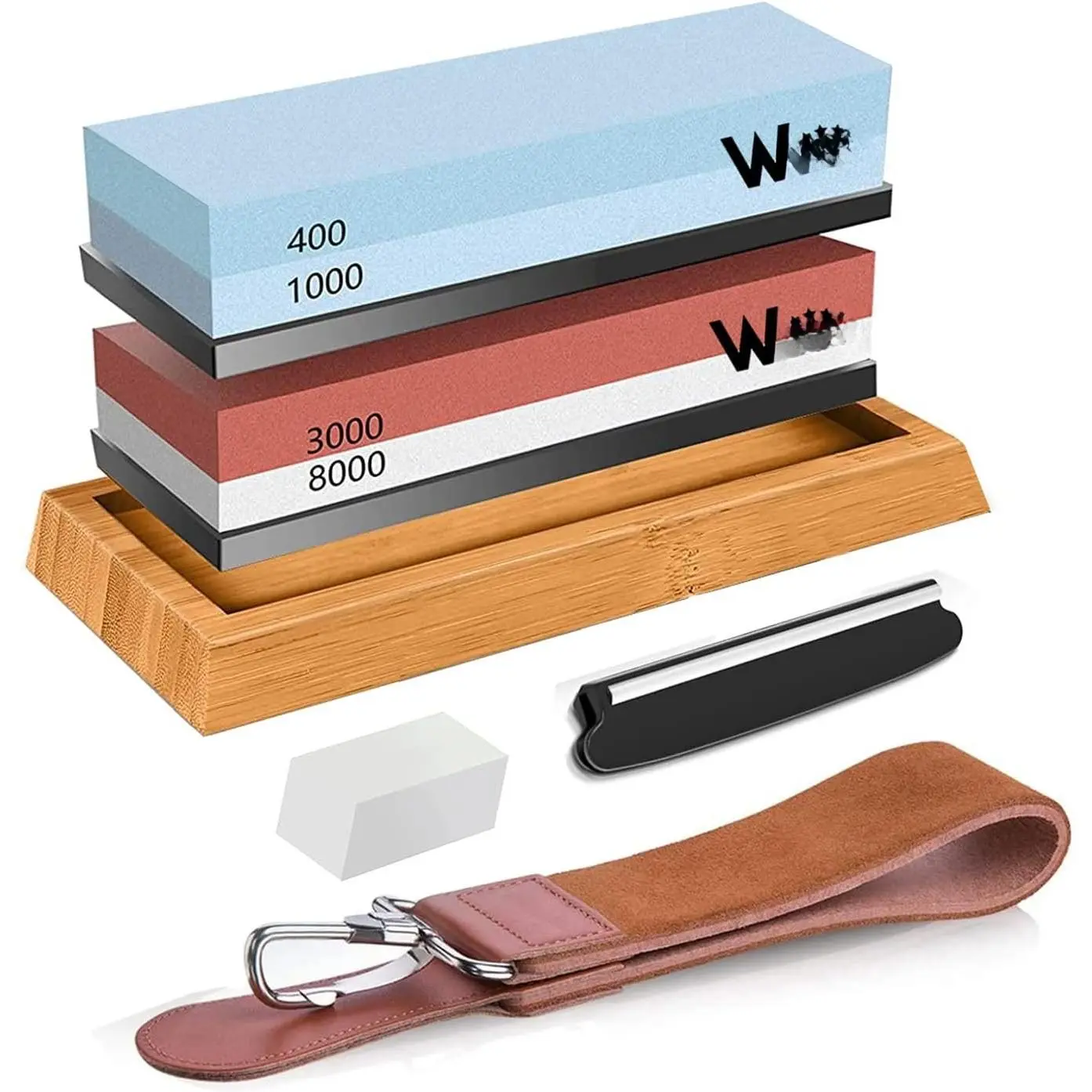 Sharpening Stone Kit - 400/1000 3000/8000 Grit  Whetstone Set with Non-Slip Rubber Base, Angle Guide, Flattening Stone and Leather Strop