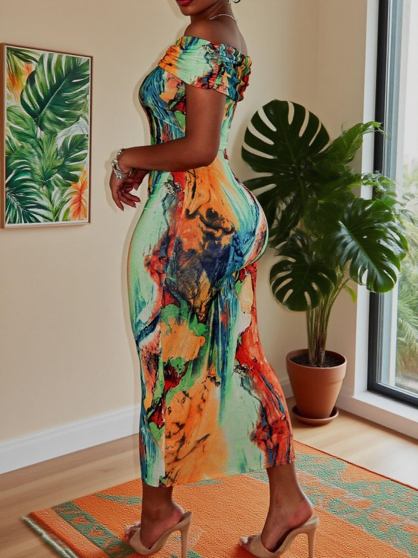 Plus Size Off Shoulder Bodycon Maxi Dress for Women – Elegant Chic Casual Printed Party Dress for Summer & Evening Outfits