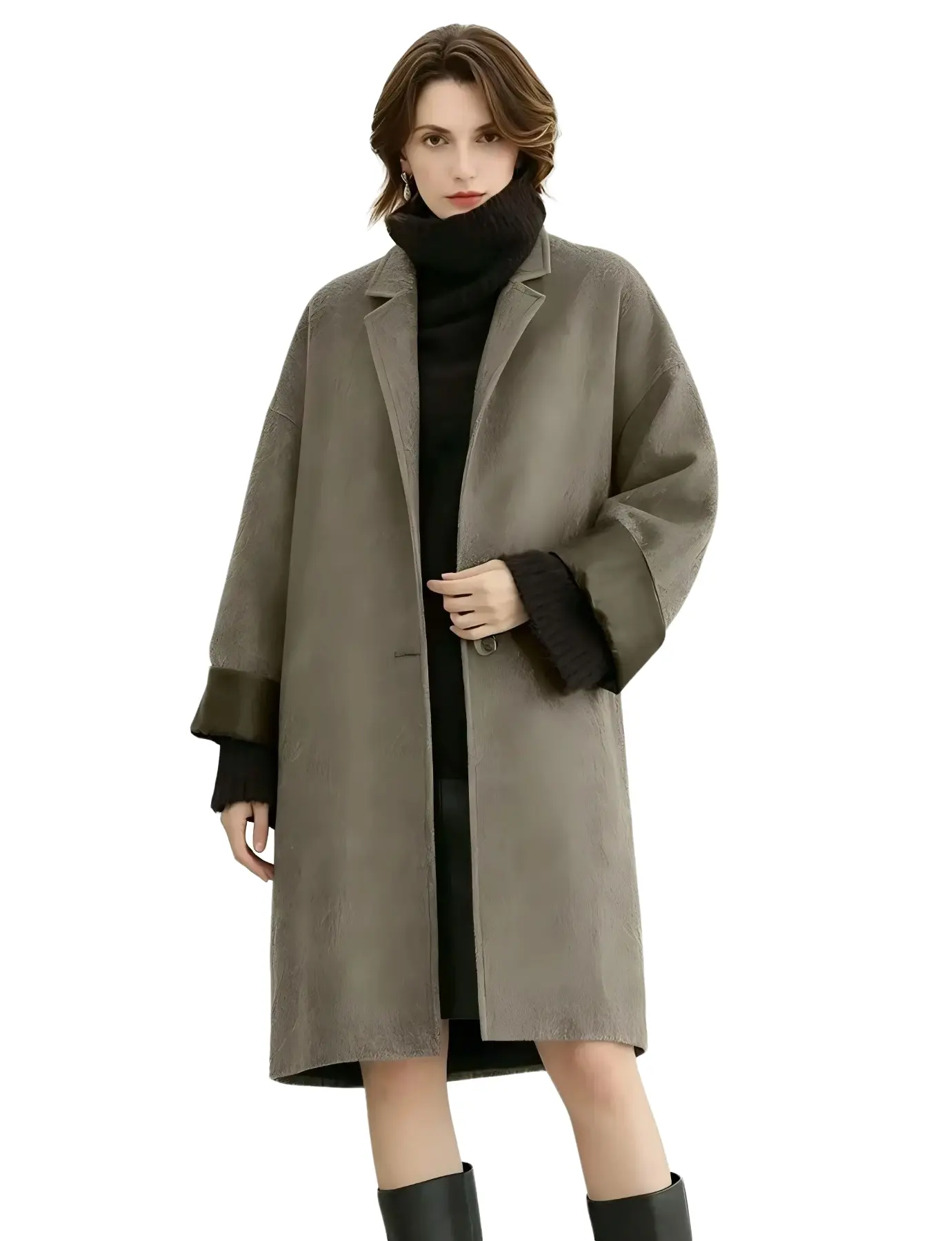 Women’s Grey Green Long Woolen Coat | 2026 Autumn Winter Elegant Lapel Loose Warm Trench Outerwear with Contrast Cuffs for Urban Women Daily & Workwear