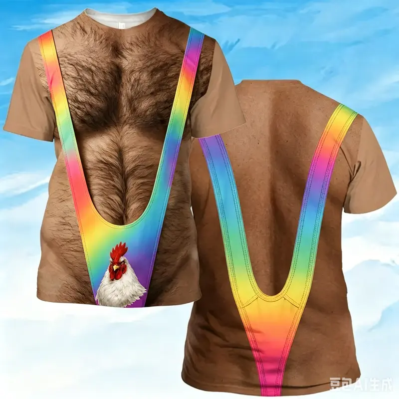 Funny Costume T-Shirt for Men Women, 3D Printing Hairy Chest Graphic Tee, Novelty Gag Gift Shirt for Men, Party Outfit
