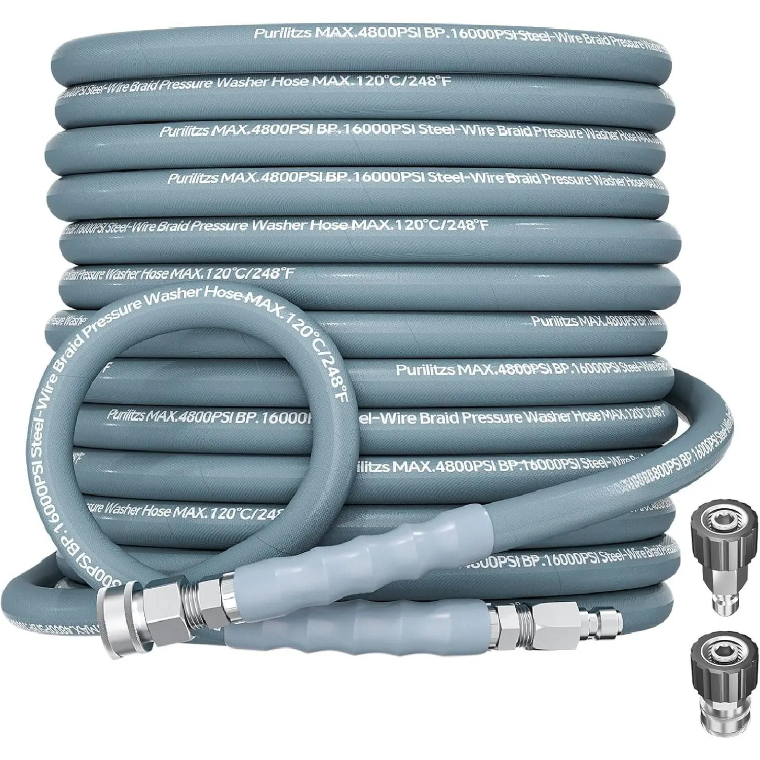 50ft  Washer Hose 4800PSI, 3/8" Power Washing Hose Steel Wire Braided with Swivel Quick Connect, Non Marking Commercial Grade High  Water Hose