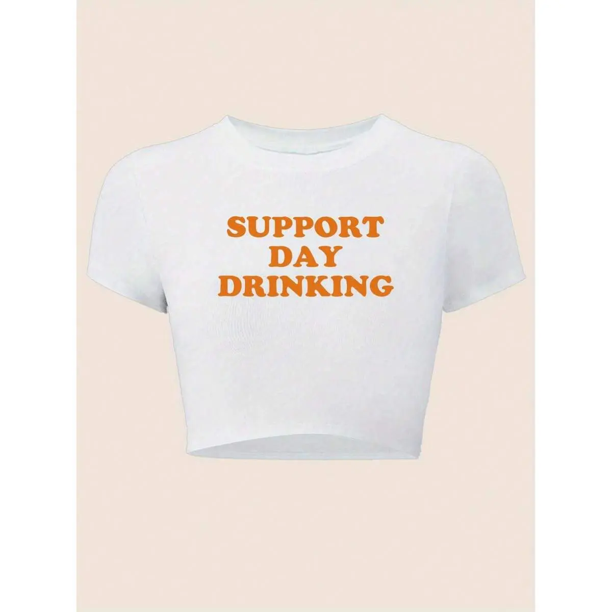 Women's Graphic Short Sleeve Crop T-Shirt - White Polyester Fabric with Orange 'SUPPORT DAY DRINKING' Lettering, Medium Stretch, Heart Detail, Lightweight for Summer Social Events & Lounging, Versatile Casual Top, Shortsleeve, Tshirt, Round Neck