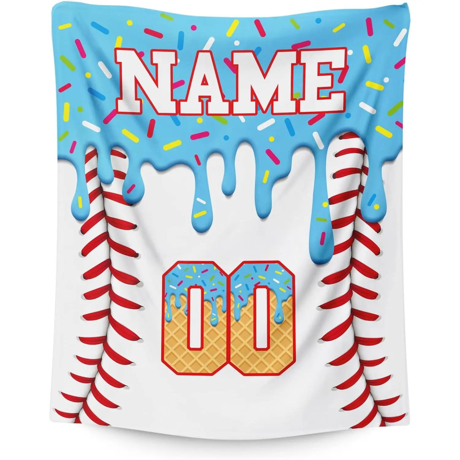 Ice Cream Baseball Blanket for Boys and Girls, Custom Kids Blanket Gift for Baseball Lovers, Cozy Light Blue Fuzzy Flannel Throw for Living Room and Camping Club