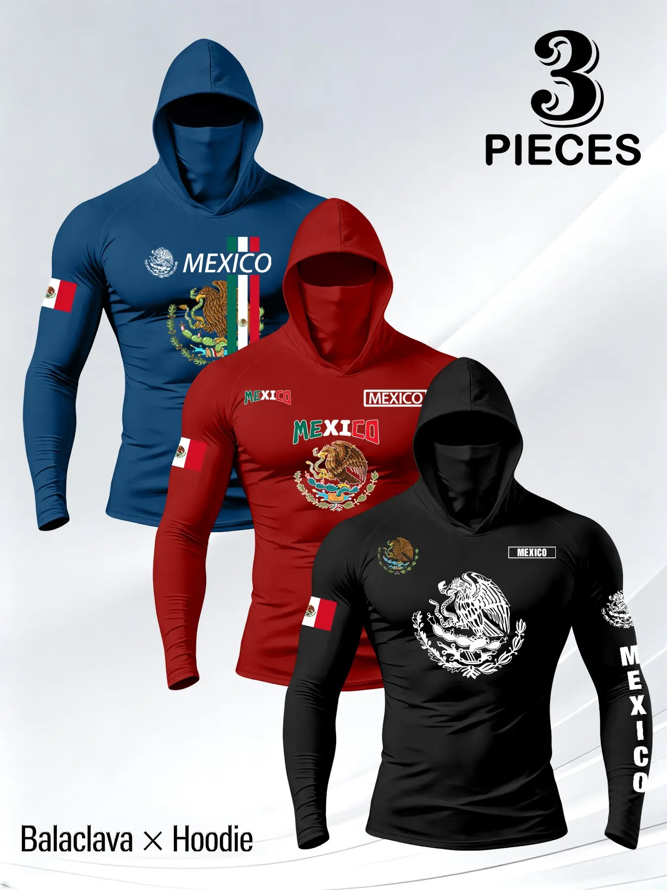 Men's New 3-Piece Set, Mexican Theme Emblem Print Hooded Long Sleeve, Elastic Fitted Slim Fit, Outdoor Cycling Fitness Shirt, Multi-Color Options