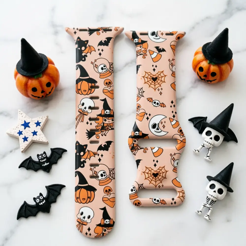 Halloween Pumpkin Witch Skull Bat Printed Silicone Watch Band, Soft Replacement Wrist Strap Compatible with Apple Watch, Spooky Holiday Themed Watch Accessory for Daily & Party Outfit