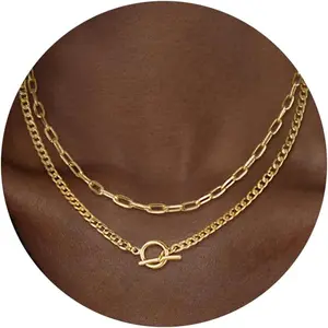 Layered Necklaces for Women, 14K Gold Plated Chain Necklace Women Trendy Cuban Link Paperclip Chain Toggle Clasp Necklace Fashion Chunky Jewelry for Women
