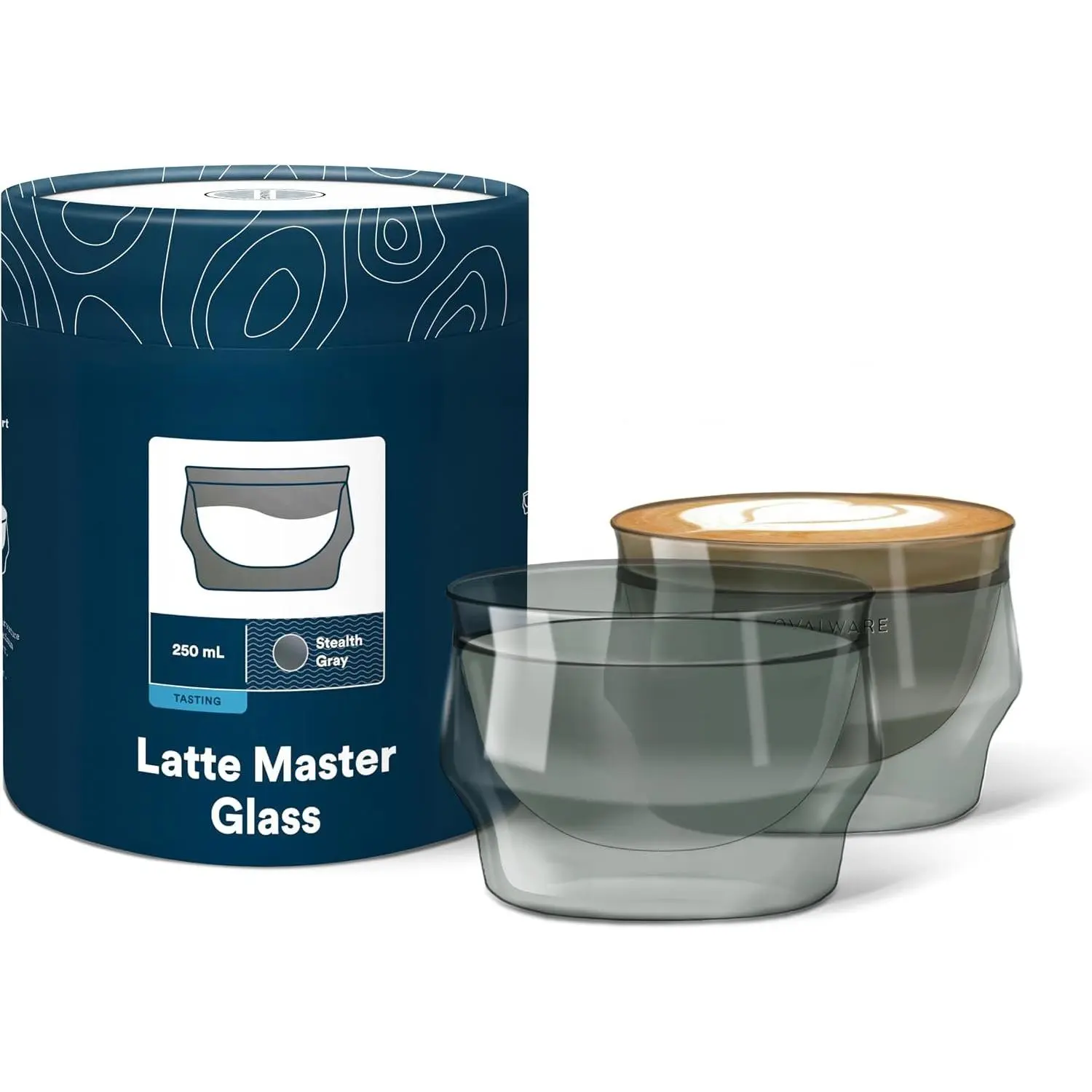 8.5oz Double Wall Latte Cups, Latte Set of 2 - Latte Glasses for Cold & Hot Drink, Palm-Sized Cups with Wide Rim for Artistic Designs - Stealth Gray