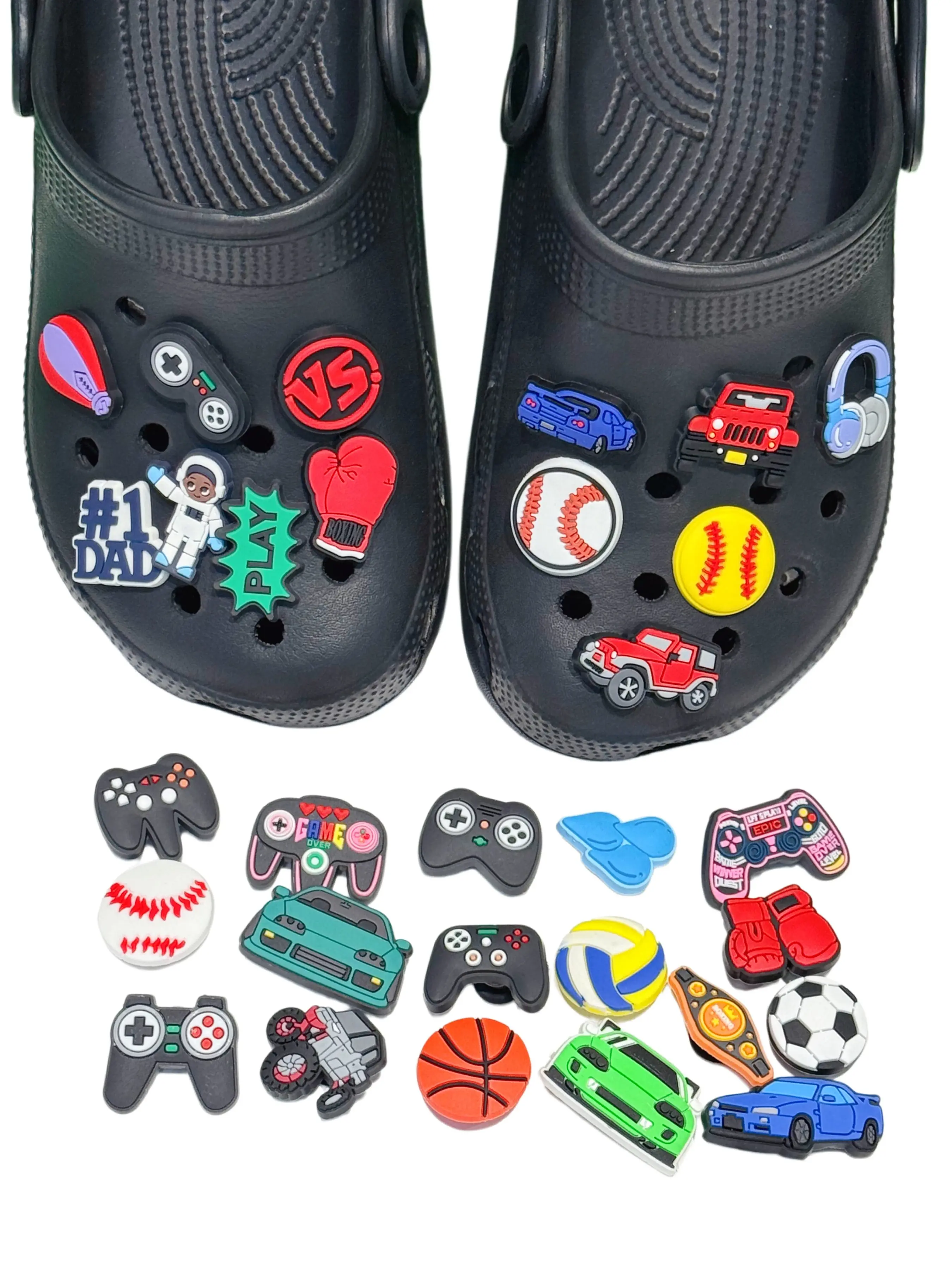 30Pcs Car Game Controller Pattern Shoe Accessories, DIY Holey Shoes Button Sandals Decor, Fit For Kids & Adults, All Seasons