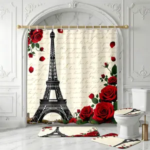 4pcs Paris Eiffel Tower Rose Shower Curtain Set, Vintage Script Bathroom Decor, Romantic Valentine’s Day Theme, French Cafe Aesthetic