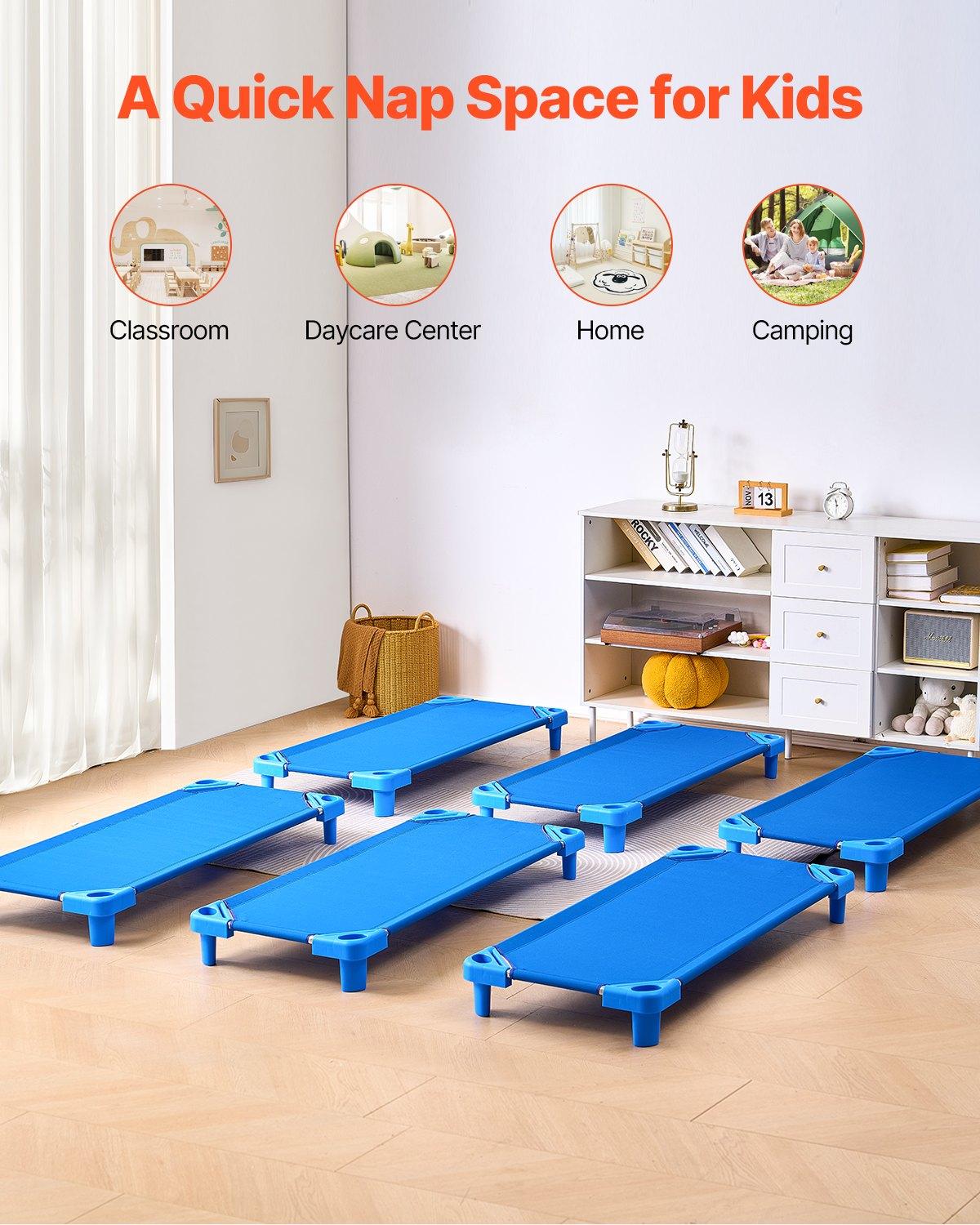 VEVOR Stackable Kiddie Cot, Pack of 6,  Portable Toddler Nap Cots, Standard Size 52" L x 23" W Daycare Cots for Kids, Preschool Classroom Daycare Beds for Sleeping, Resting, Naptime, Blue