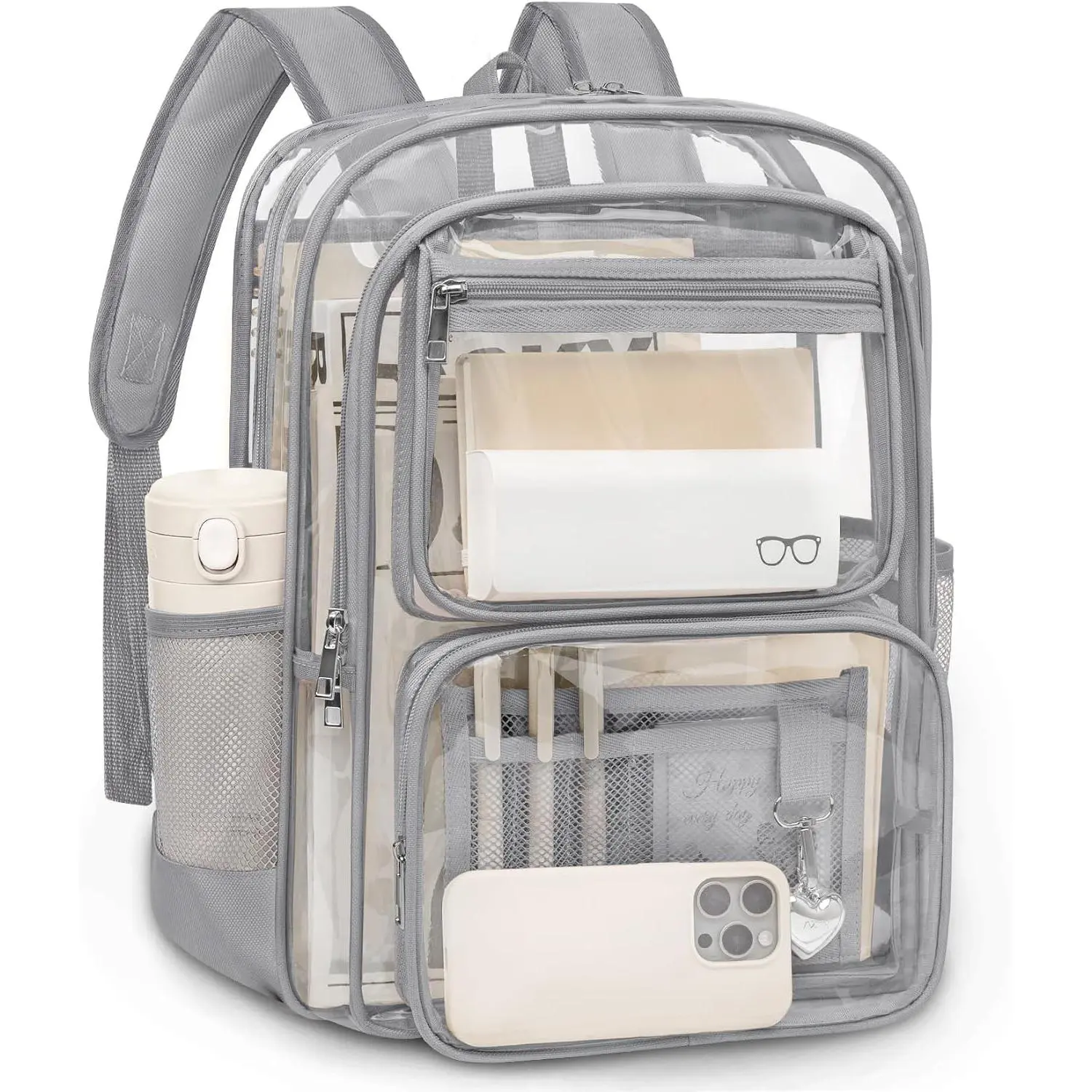 Clear Backpack for School, Large Heavy Duty Clear Bookbag with Luggage Strap & Stitches for Girls Boys, Reinforced See Through PVC Transparent Backpack for Stadium Events College Travel Work GreyGift