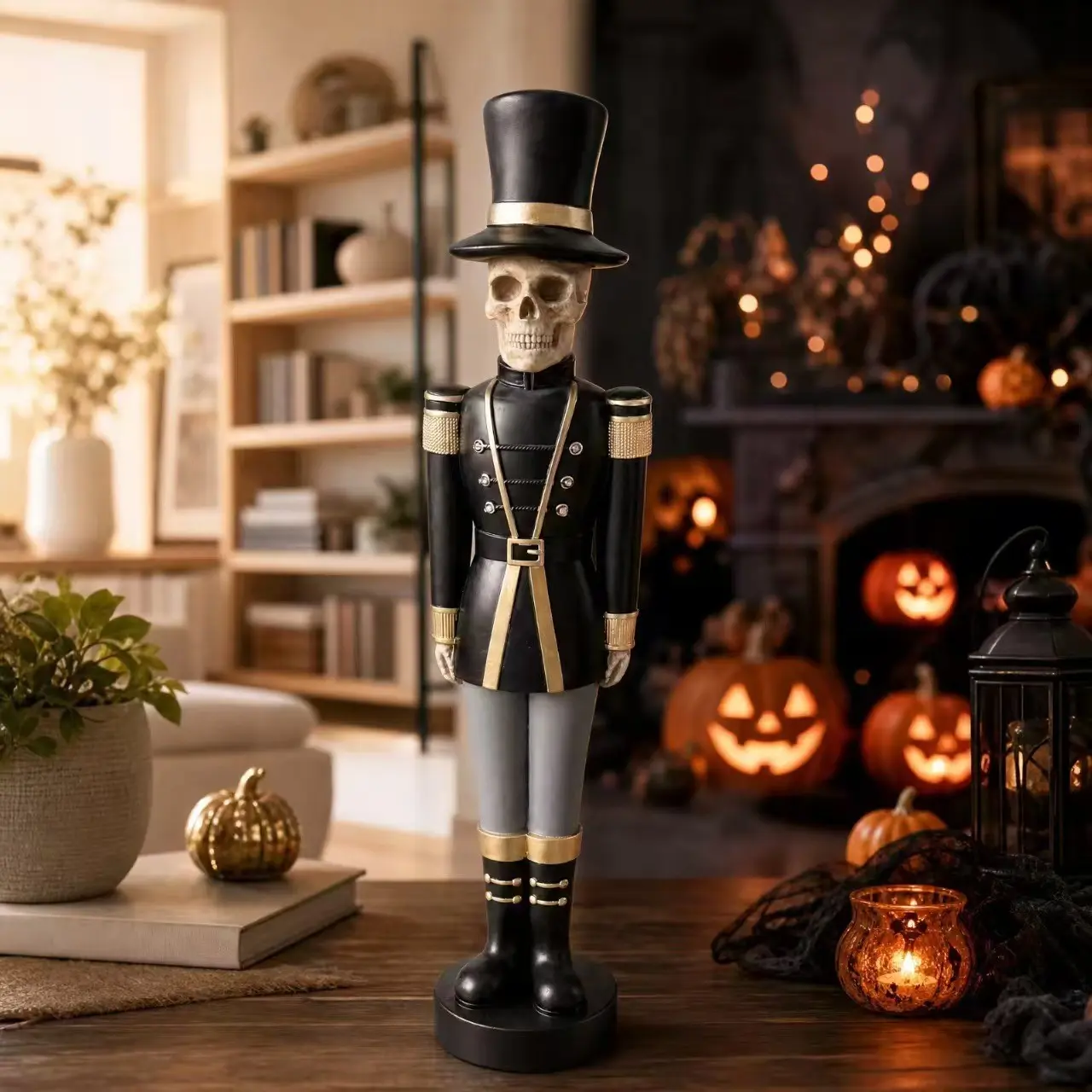 Skeleton Nutcracker Figurine, Halloween Decor Resin Statue, Spooky Soldier Ornament for Home Porch Decoration, Holiday Ornament