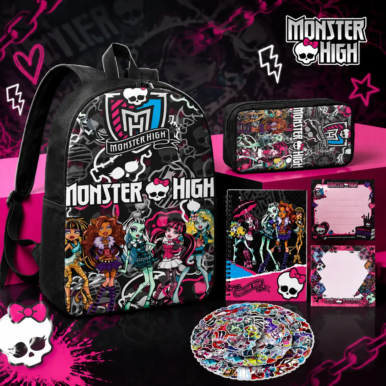 Monster High School Backpack Set | Kids Monster High Backpack with 1 Pencil Case 1 Notebook, 2 Note Pads, 50pcs Stickers, Back To School Supplies Kit  for Girls Boys Teens, Cute Book Bag for Elementary Middle School 2026