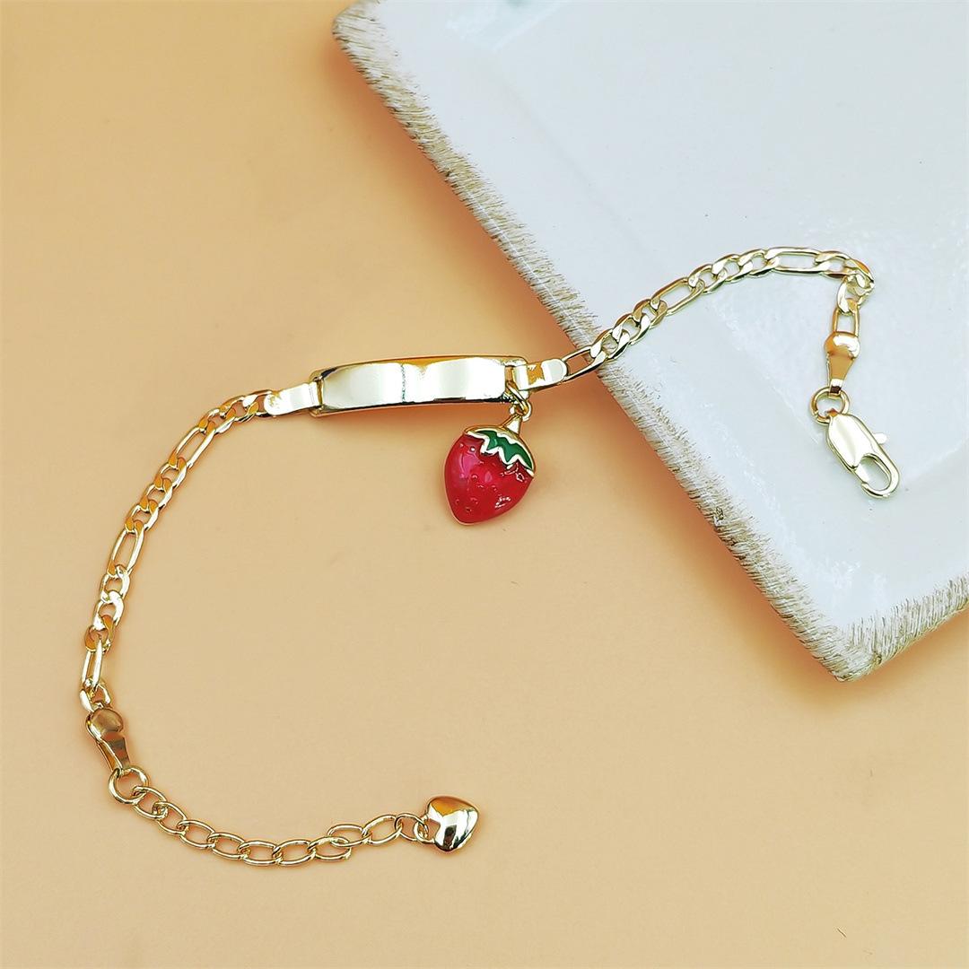 14K Gold Plated Strawberry Curved Bar Bracelet for Girls Cute Sweet Kids Jewelry Trendy Spring Chain Bracelet Dainty Stackable Accessory for Daily Wear Birthday Party Gifts & Holiday Outfits