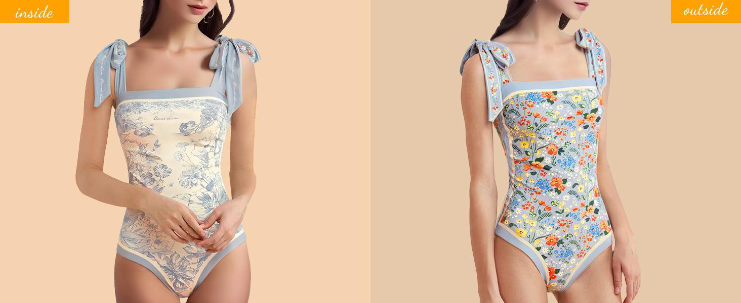 2026 NEW Reversible double print  Princess Vintage  One Piece Swimsuit |   Square Neck Tie Shoulder  Vintage Bathing Suit Reversible Swimsuit