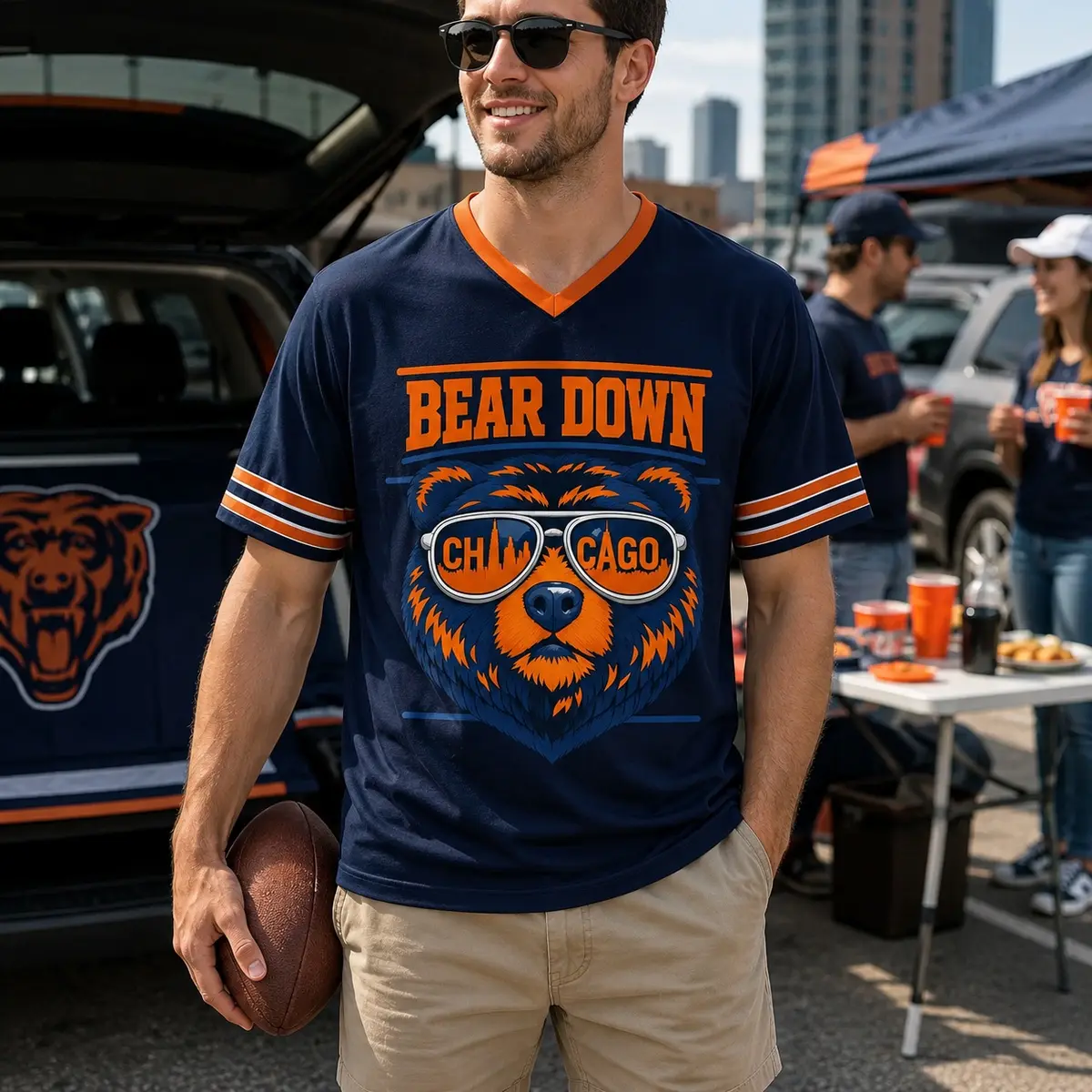 Men's Chicago Football Graphic V-Neck Shirt, Navy Orange Bear Print Game Day Sports Tee, Vintage City Pride Fan Top for Tailgate, Stadium & Casual Wear