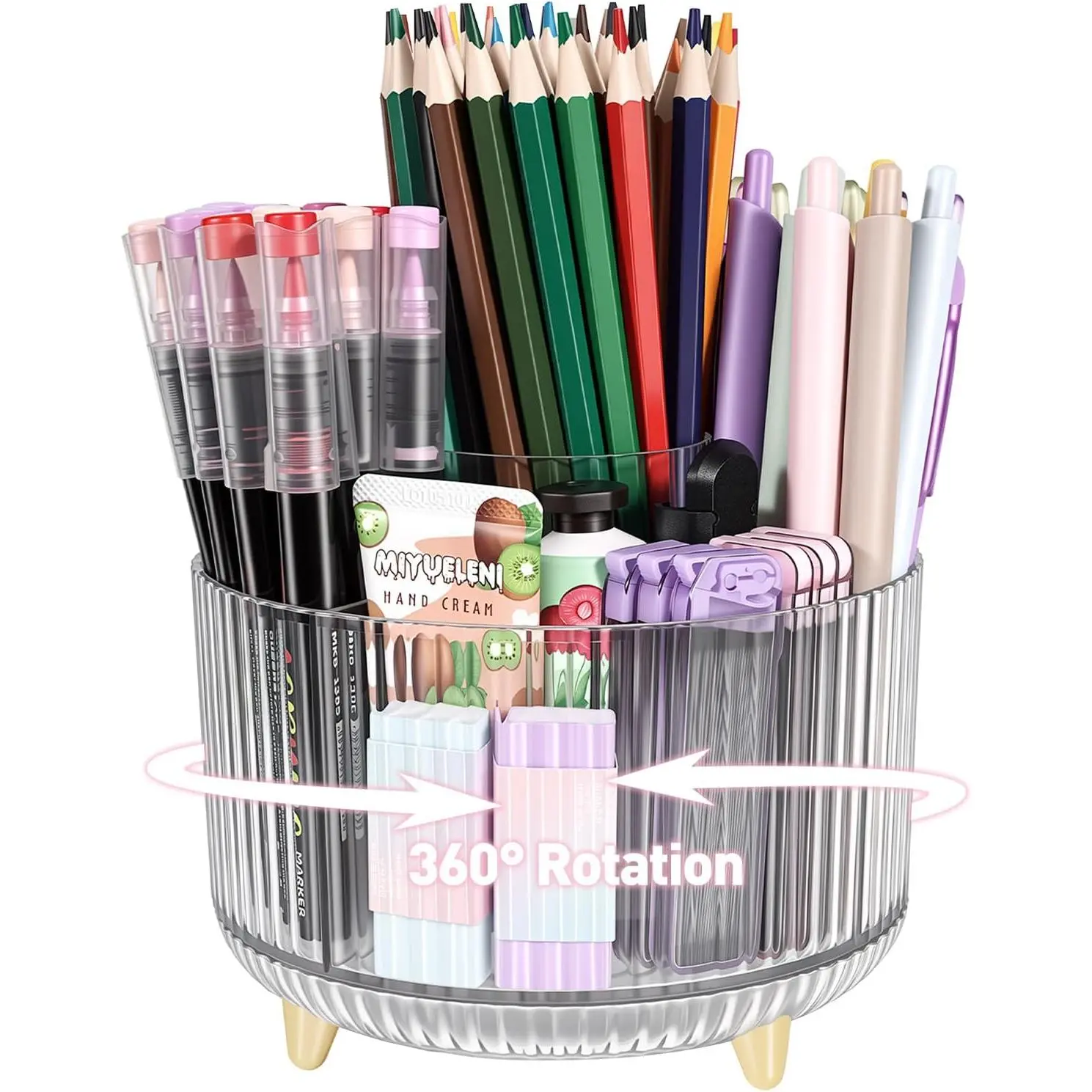 360 Rotating Pen Pencil Holder for Desk, Pen Organizer with 5 Slots, Makeup Brush Holder, Desk Organizer and Accessories, Cute Pencil Cup  for Office School  Decor Art  (Clear)