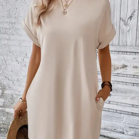 Women's Plain Minimalist Pocket Batwing Sleeve Tee Dress, Everyday Casual Round Neck Roll Up Sleeve Short Dress for Summer, Summer Dresses, Fashion Women's Dress Loose Fit Womenswear, Apricot