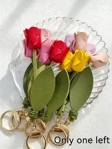 Cute Tulip Flower PU Leather Keychain for Women, Colorful Floral Bag Charm Pendant, Daily & Handbag Decor Accessories