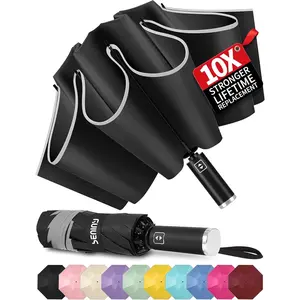 Inverted Travel Umbrella Compact - Windproof Umbrellas for Rain with Reflective Strip, Large UV Umbrella for Sun Protection, Automatic Portable Umbrellas Fold in Reverse for Car, Backpack