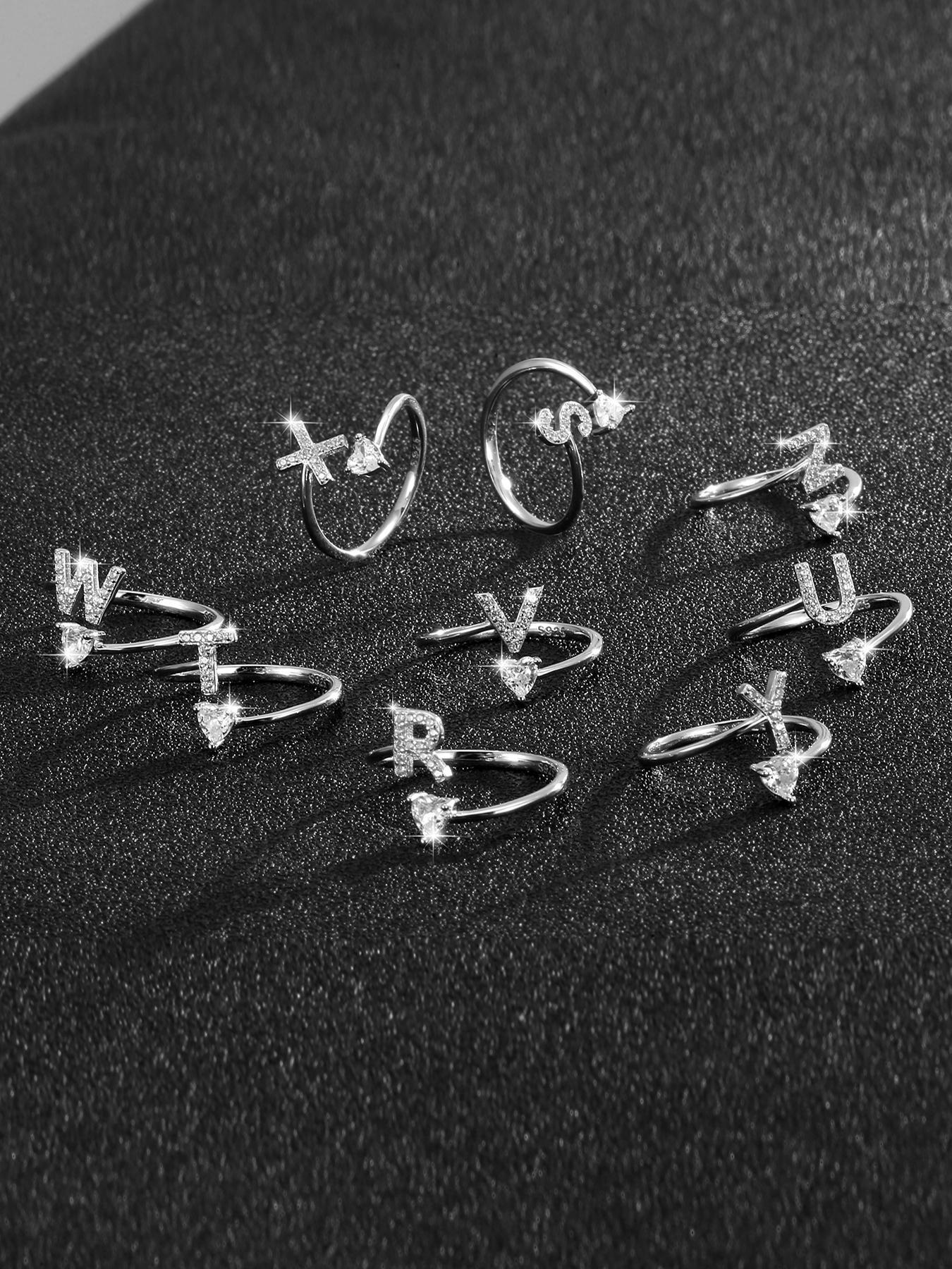 S925 Sterling Silver Letter Design Artificial Zircon Decor Cuff Ring, Fashion Jewelry for Party, Daily Decor, Trendy All-match & Exquisite Jewelry for Gift