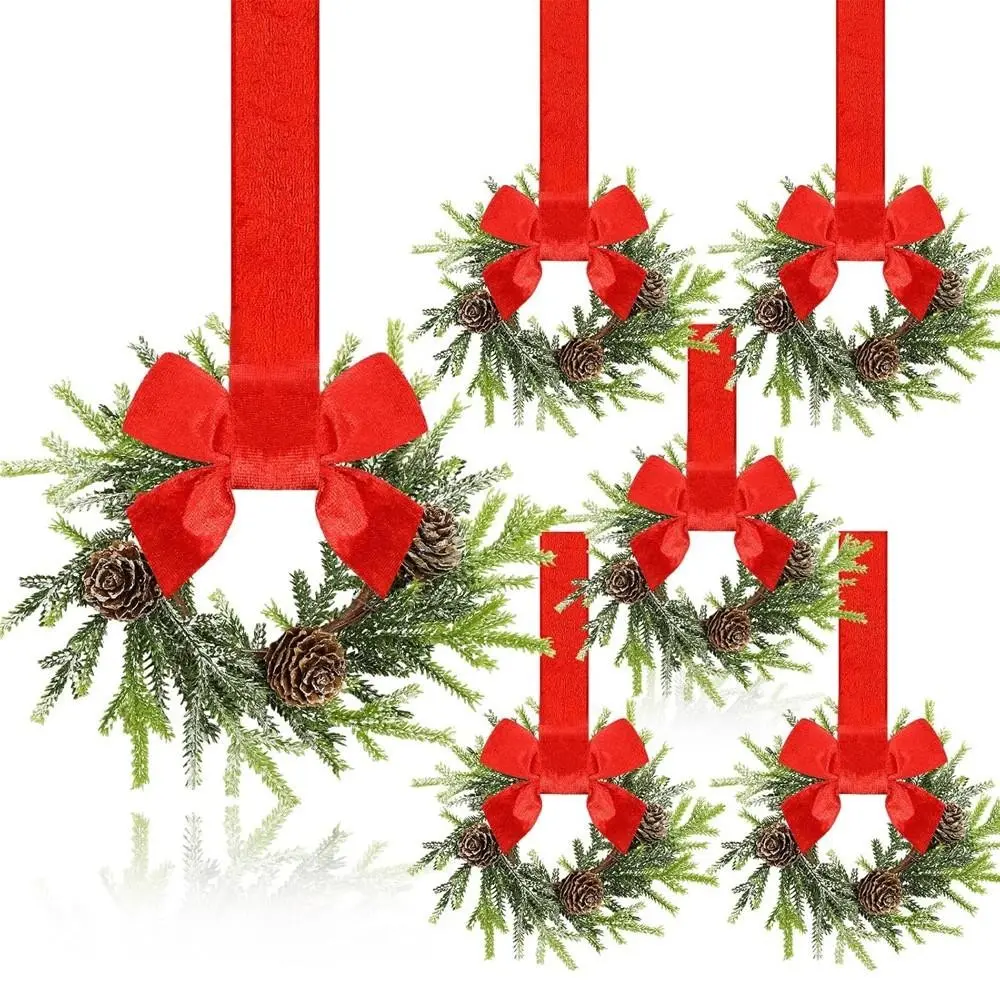 6 Mini Christmas Wreaths for Kitchen Cabinets, 9-Inch Berry and Ribbon Decor, Artificial Farmhouse Wreaths for Fireplace, Door, Chair, Window, Porch, Wall