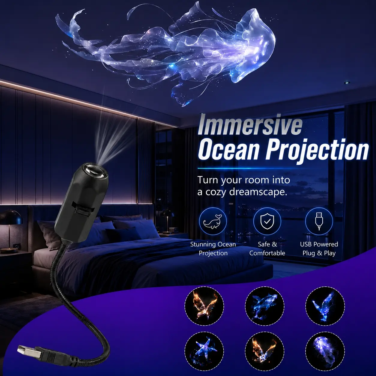 USB LED Decorative Projection Lamp, Ocean Art Light with 6 Pattern Discs, Whale, Butterfly, Jellyfish and Starfish Mood Lighting for Bedroom, Home and Party Decor