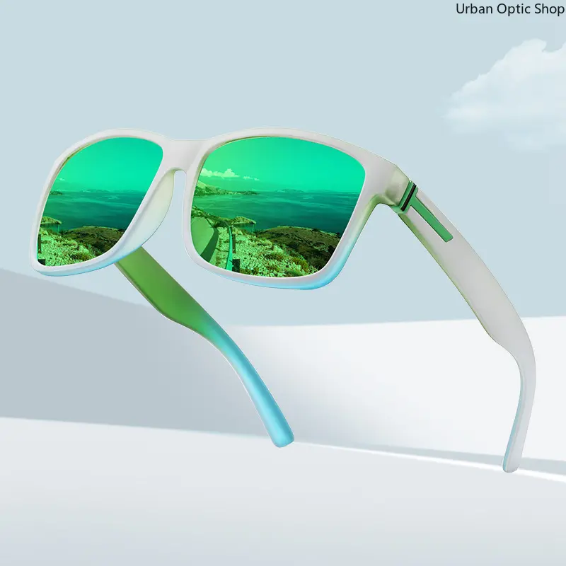 XUH Polarized Square Womens Sunglasses with Green Mirrored Lenses, Vintage White Full Rim Nylon Frame, UV400 Anti-Glare for Driving