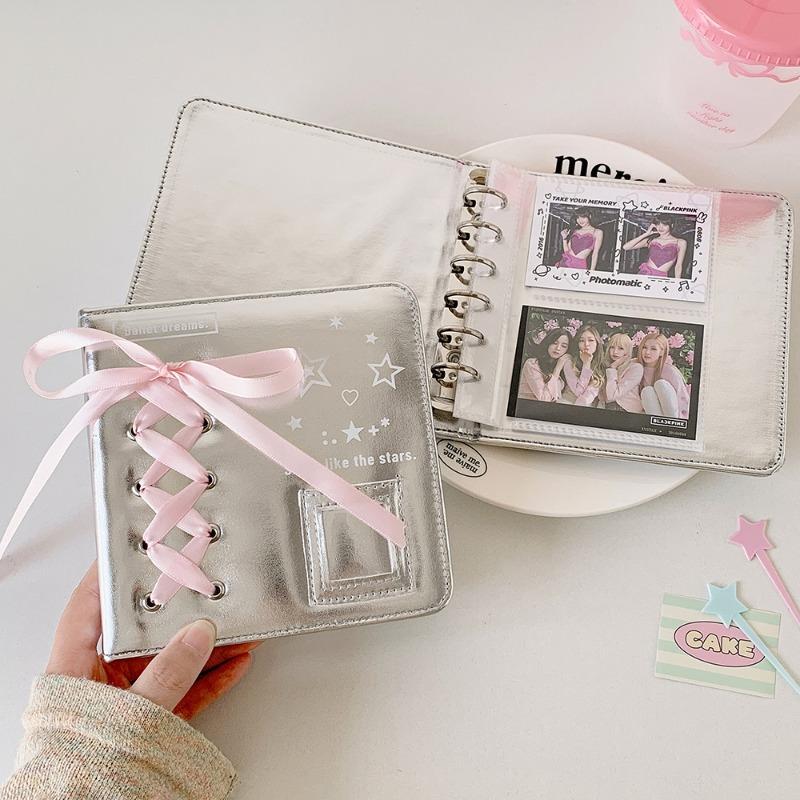 Silver Leather PU Photo Album Ballet Ribbon Photocard Binder 3 Inch Kpop Idol Card Collection Book A5 A7 Photo Albums INS Style
