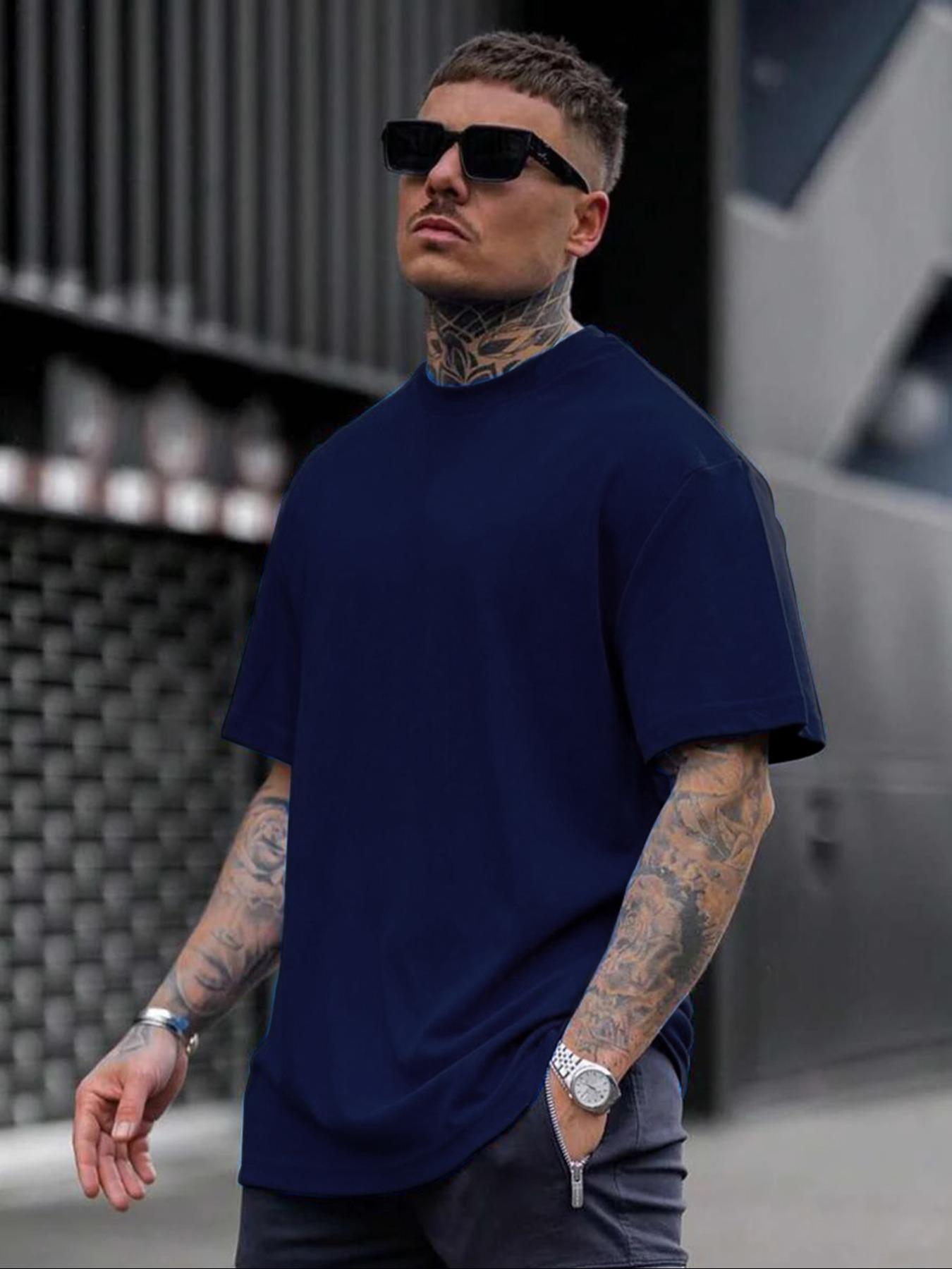 Men's Loose Fit Solid Drop Shoulder Tee, Casual Short Sleeve Round Neck T-shirt for Summer, Streetwear Men's Top for Daily Wear