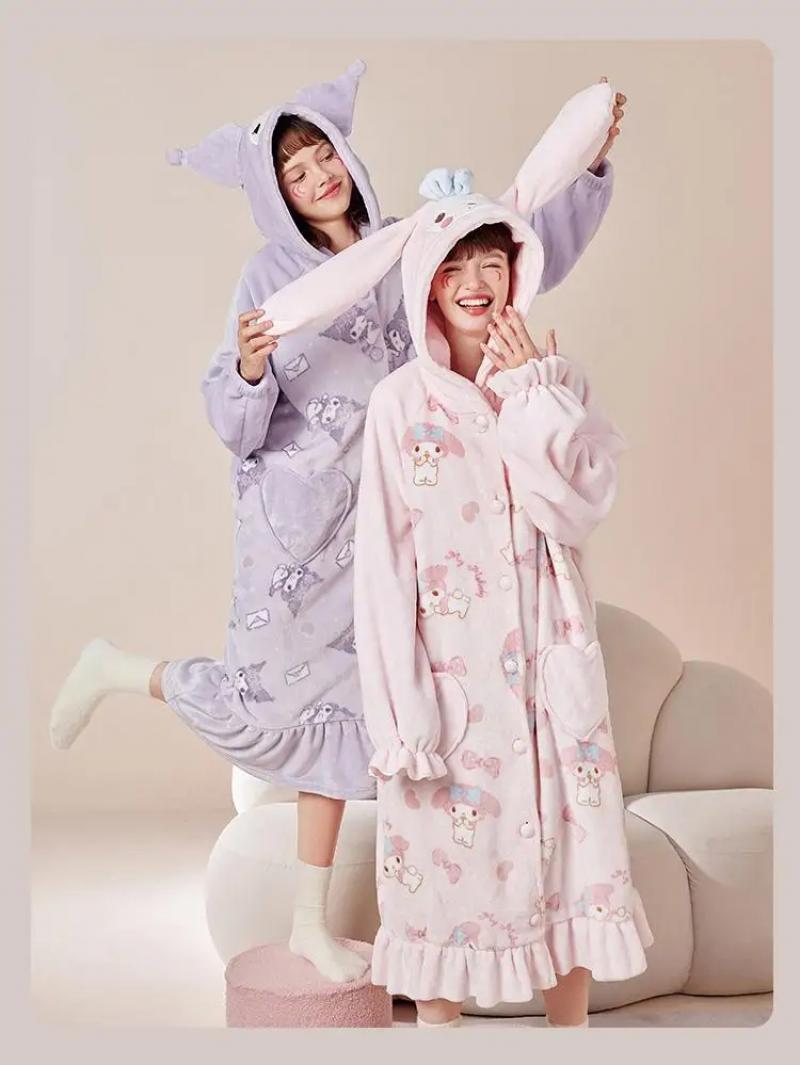 Kawaii My Melody Women Plush Pajamas Robe Set Homewear Cartoon Winter Long Style Thickened Nightgown Pants Anime Sweet Cartoon