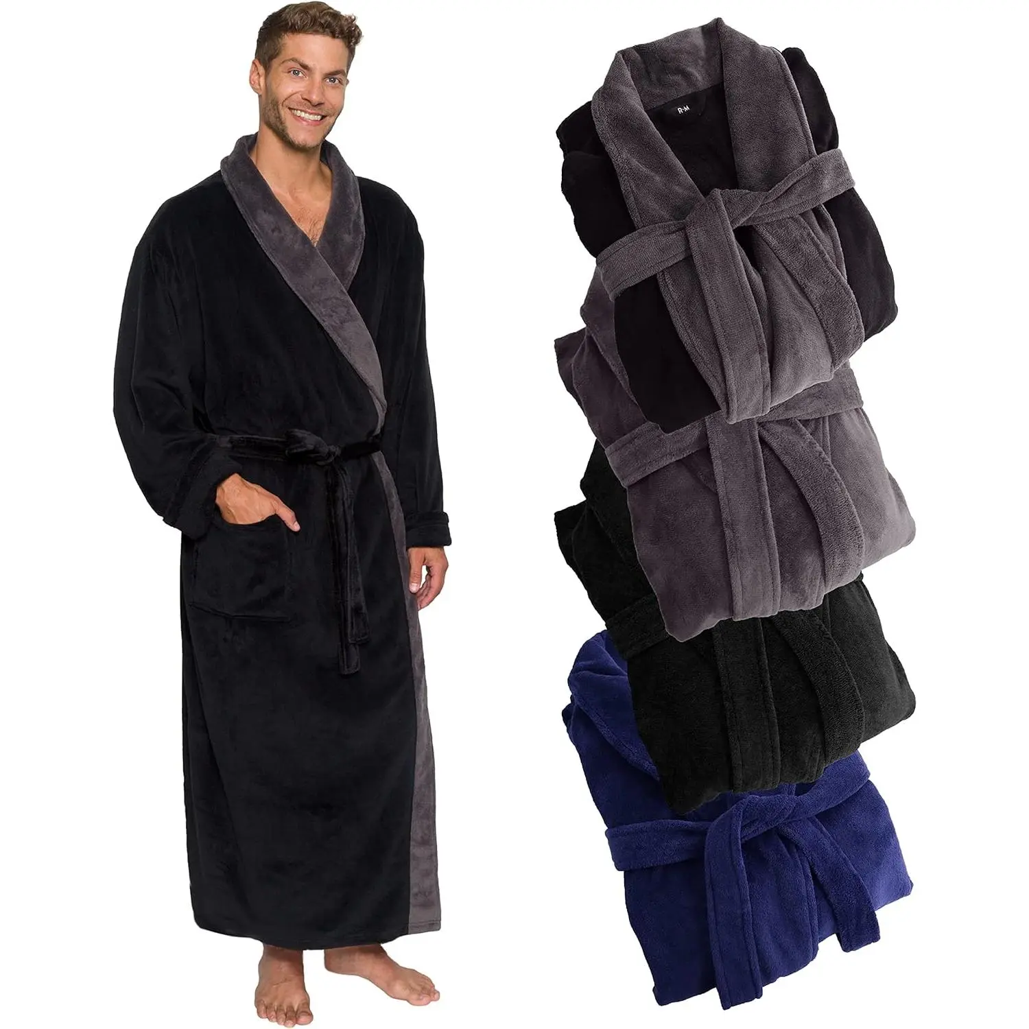 Men's Long Fleece Bathrobe in Big & Tall Sizes, Plush Shawl Collar Loungewear with Pockets and Tie Closure, Menswear, Fleece Fabric Men's Robes, Fuzzy Men's Robes