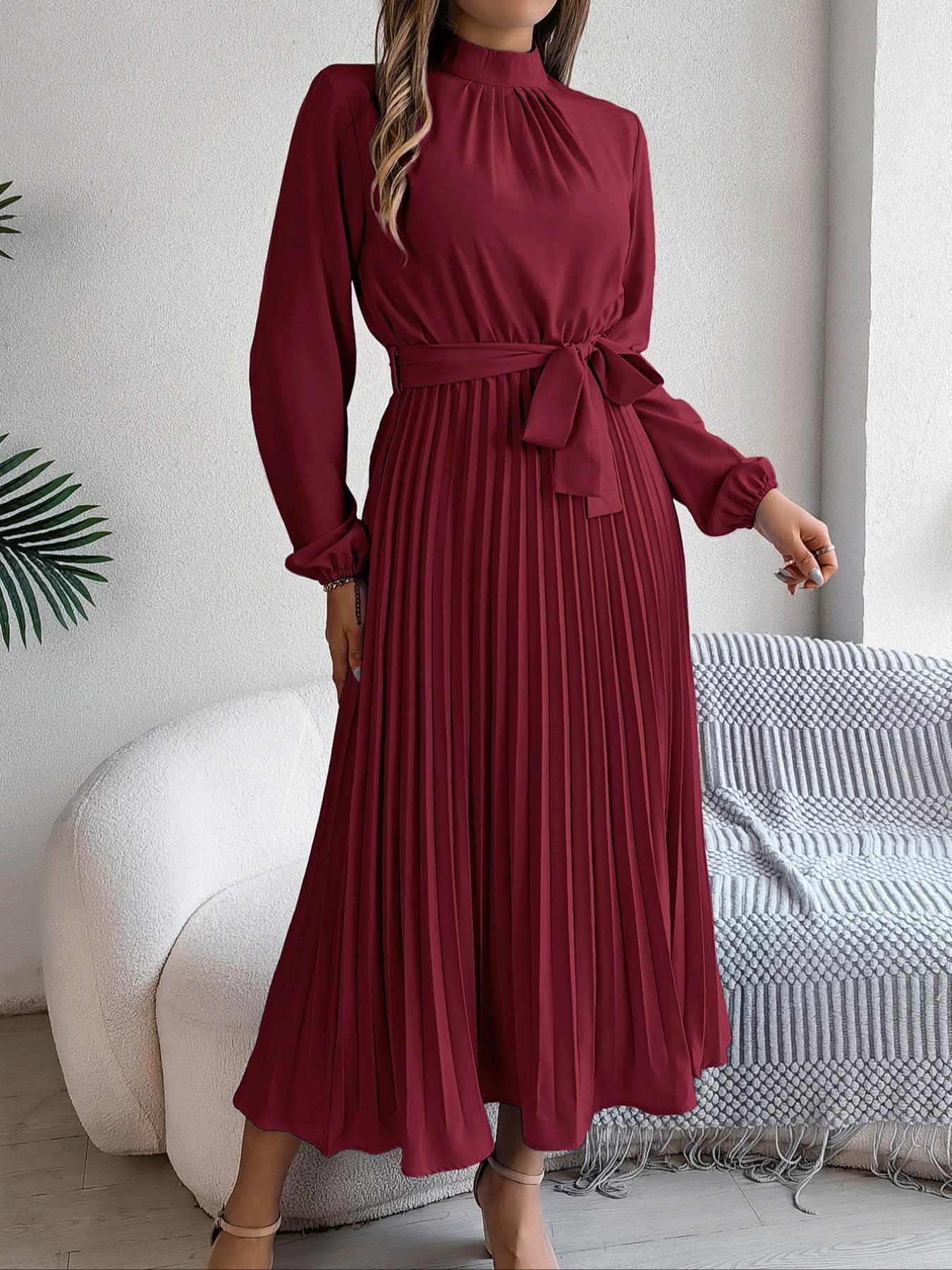 Women's Elegant Chic Long Sleeve Belted Pleated Dress, Spring & Fall Fitted Plain Design, Middle East Style Maid of Honor Gown