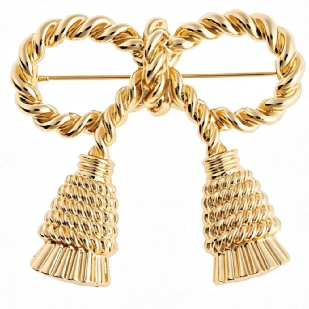 Matte Twisted Rope Gold Bow Tassel Brooch Unisex Minimalist Lapel Pin Gift